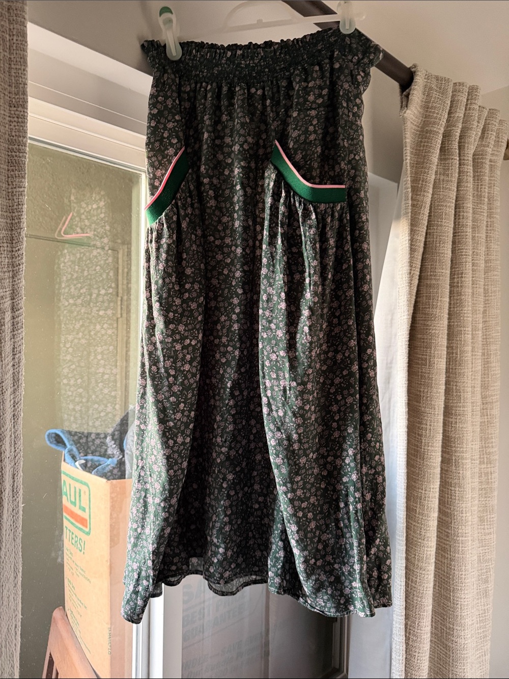 Dark Green Floral Midi Skirt with Pink-Trim Pockets